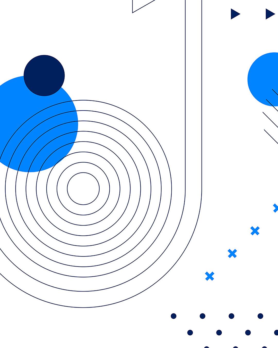 Abstrakte Grafik mit Kreisen, Linien und Punkten in Blau