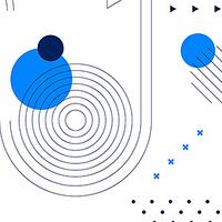 Abstrakte Grafik mit Kreisen, Linien und Punkten in Blau