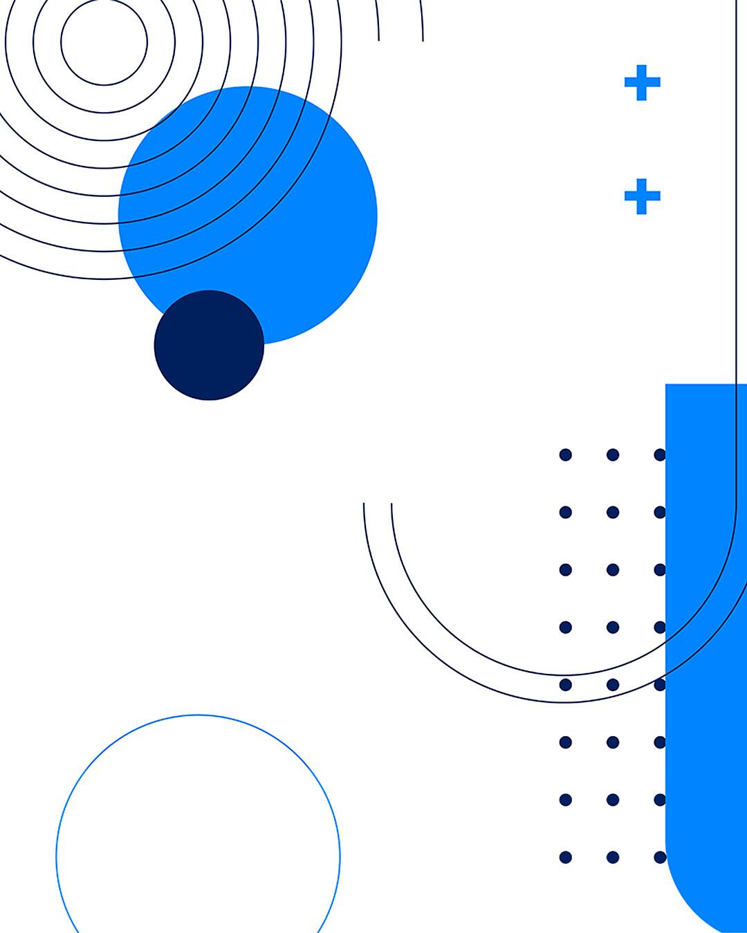 Abstrakte Grafik mit Kreisen, Linien und Punkten in Blau