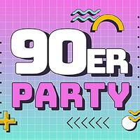 90er party, bunte grafik mit schriftzug und retroelementen