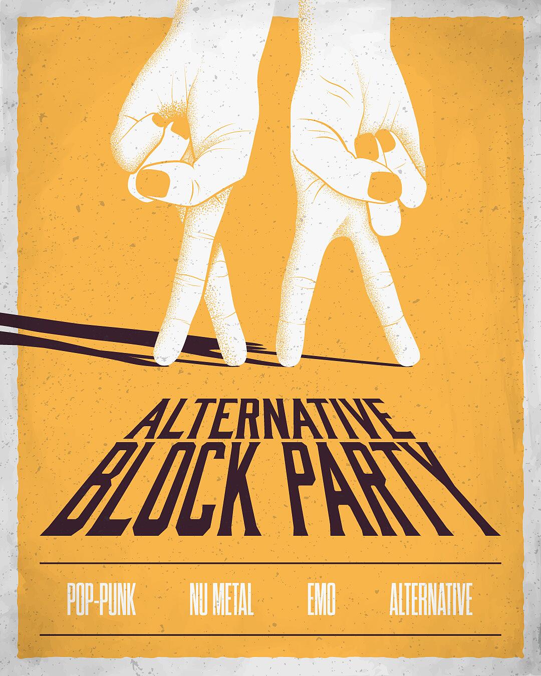 alternative block party, grafische hände über schriftzug auf gelbem hintergrund