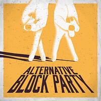 alternative block party, grafische hände über schriftzug auf gelbem hintergrund