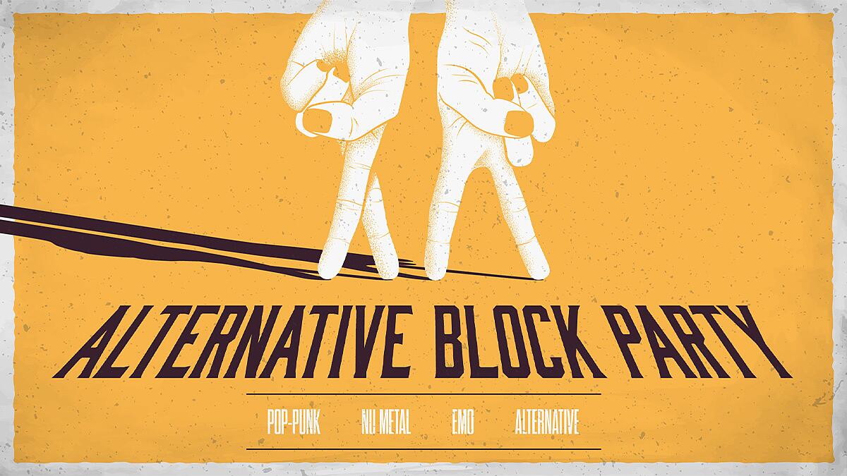alternative block party, grafische hände über schriftzug auf gelbem hintergrund
