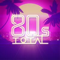 the 80s total, neon-schriftzug vor palmen und sonnenuntergang