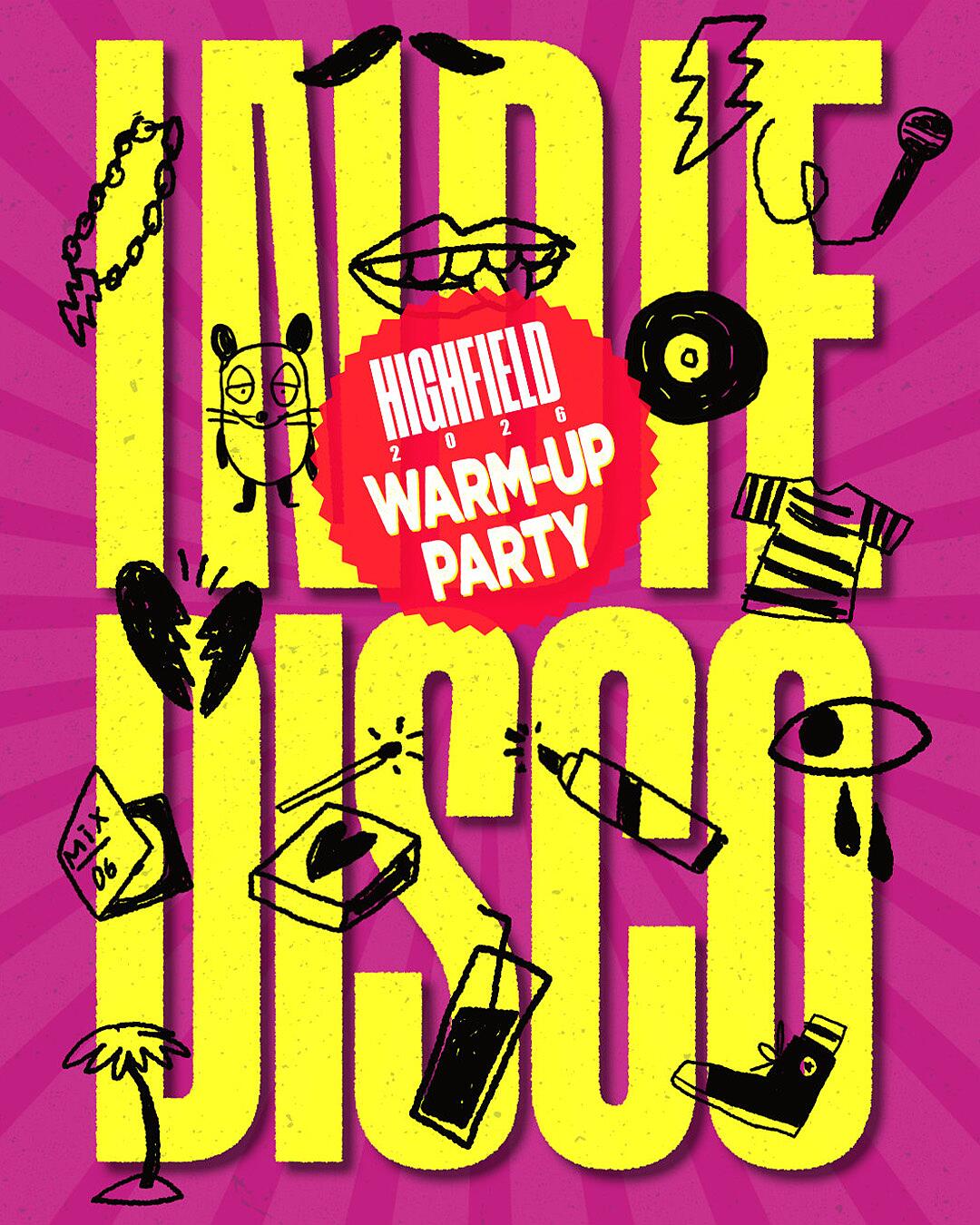 indie disco, grafische illustration mit symbolen und großem schriftzug