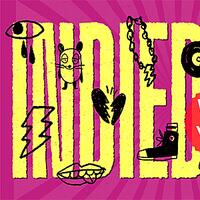 indie disco, grafische illustration mit symbolen und großem schriftzug