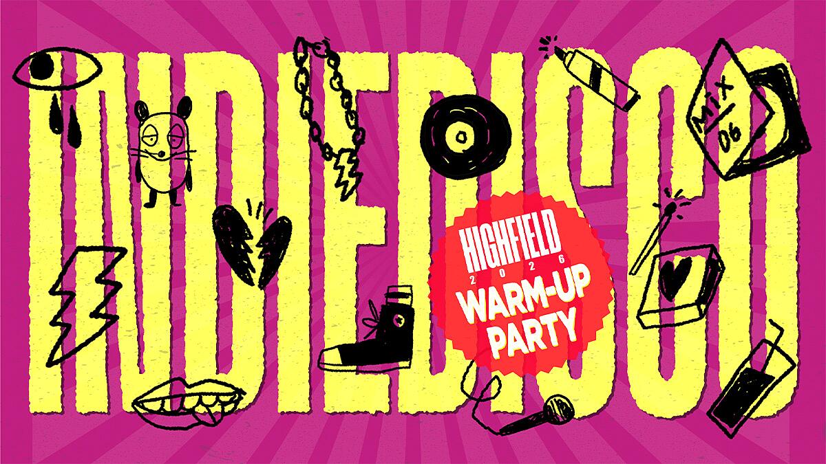 indie disco, grafische illustration mit symbolen und großem schriftzug