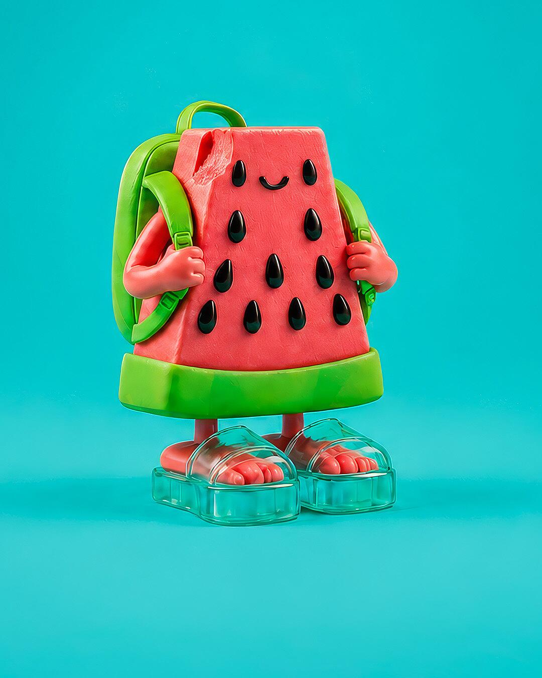midi, lächelnde wassermelonenfigur mit grünem rucksack