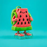 midi, lächelnde wassermelonenfigur mit grünem rucksack