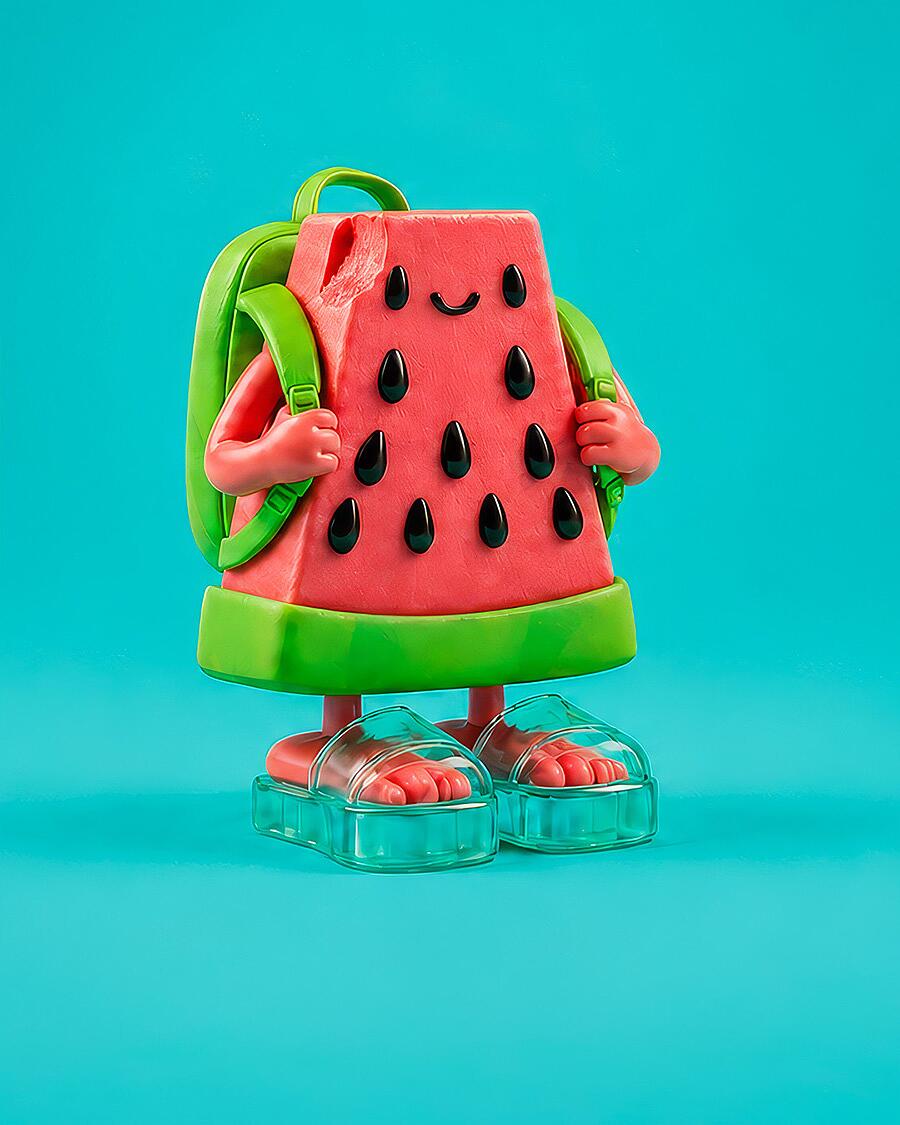 midi, lächelnde wassermelonenfigur mit grünem rucksack