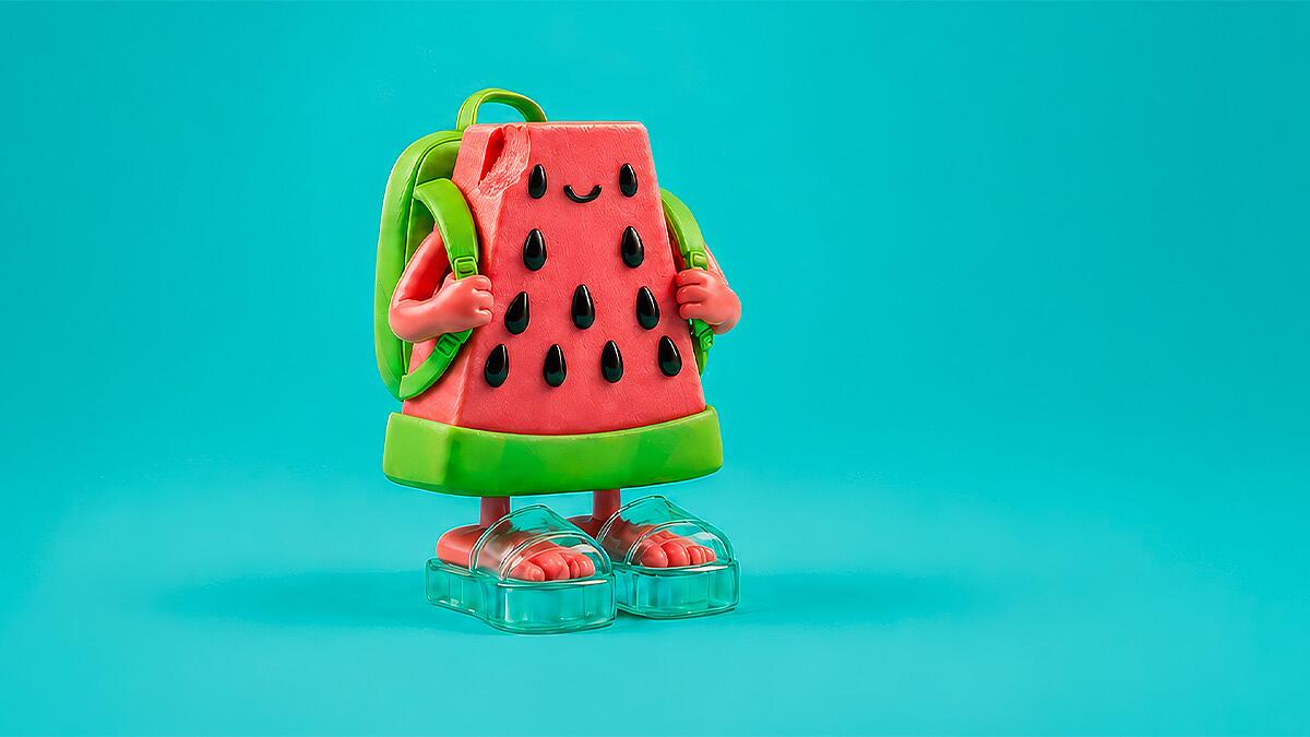 midi, lächelnde wassermelonenfigur mit grünem rucksack