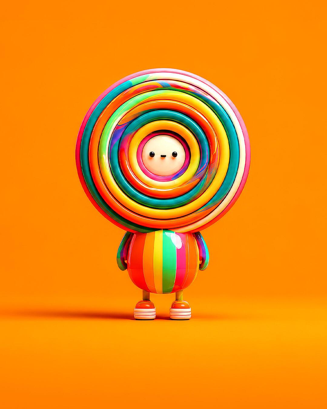midi, bunte figur mit kreisförmigem kopf auf orangem hintergrund