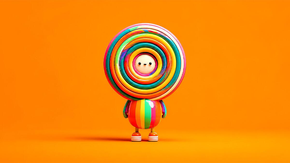 midi, bunte figur mit kreisförmigem kopf auf orangem hintergrund