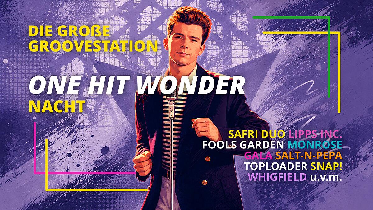 die große groovestation one-hit-wonder nacht, sänger am mikrofon vor grafischem hintergrund