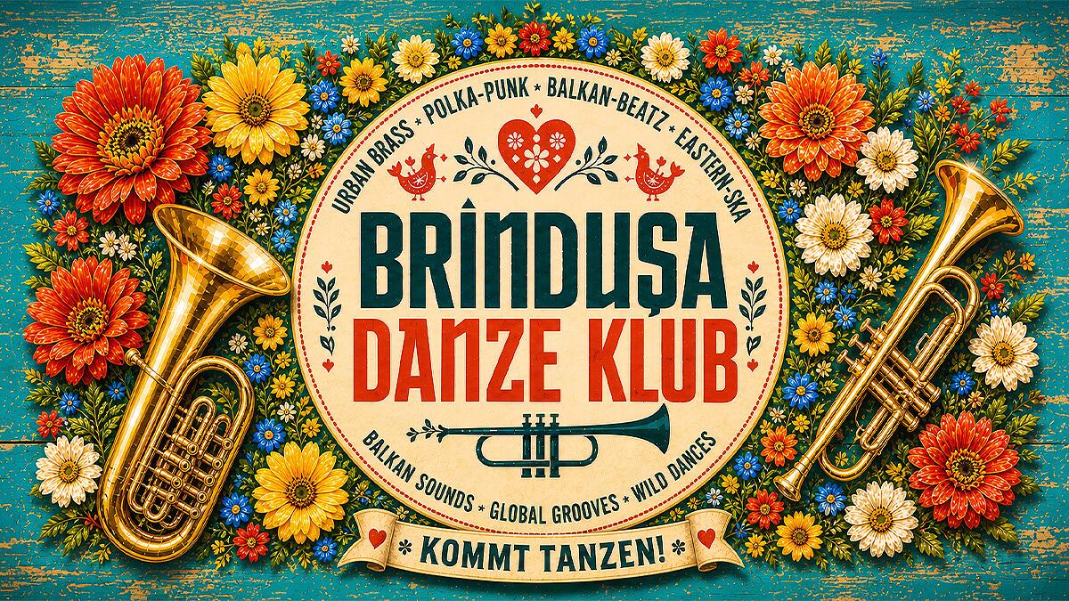 brindusa danze klub, bunte grafik mit blumen und blasinstrumenten
