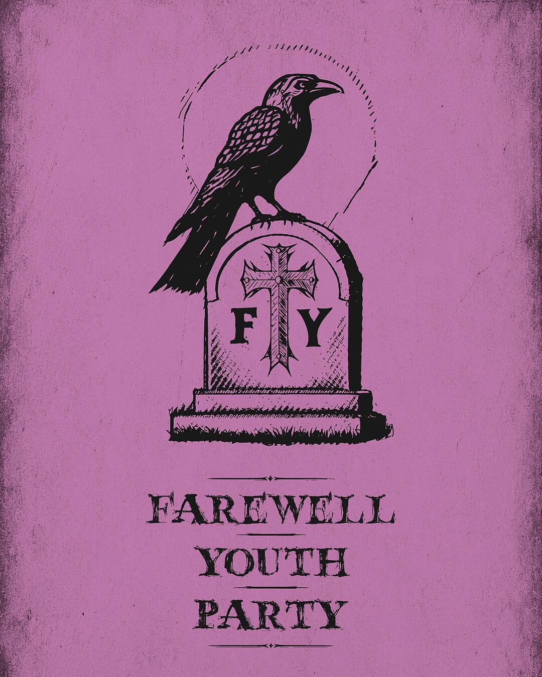 farewell youth party, krähe auf grabstein vor rosa hintergrund