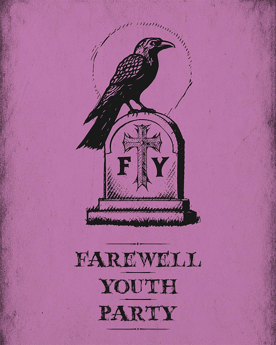 farewell youth party, krähe auf grabstein vor rosa hintergrund