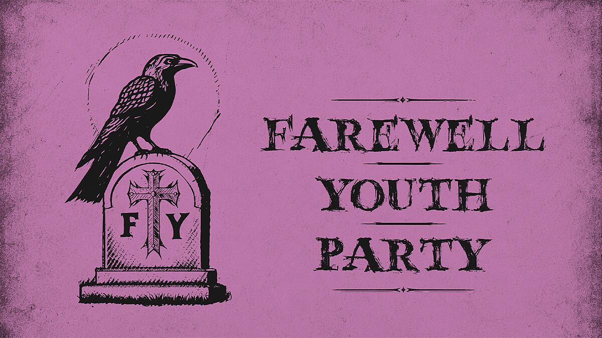 farewell youth party, krähe auf grabstein vor rosa hintergrund
