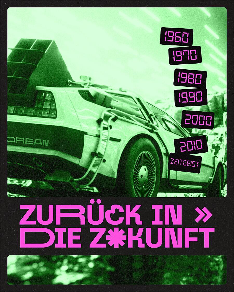 zurück in die zukunft, delorean mit neon-schriftzug