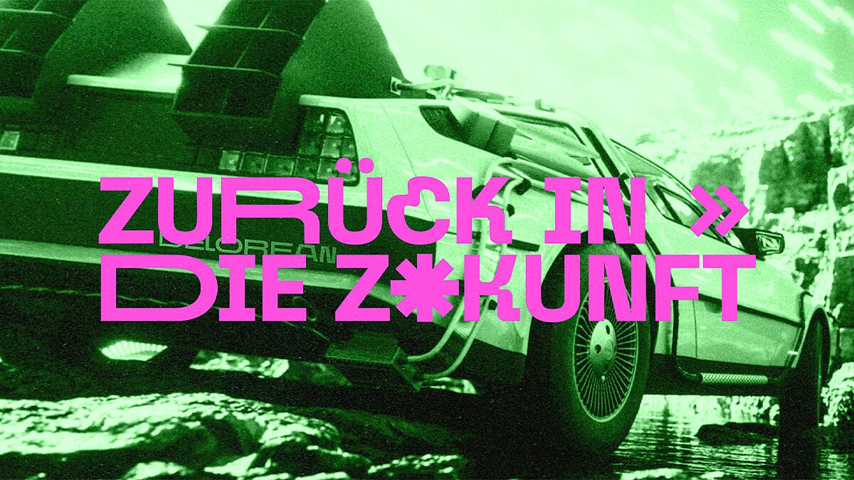 zurück in die zukunft, delorean mit neon-schriftzug