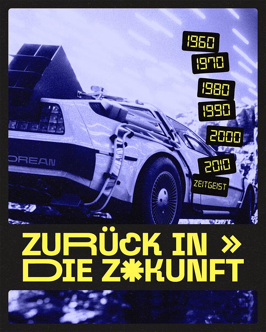zurück in die zukunft, delorean mit neon-schriftzug