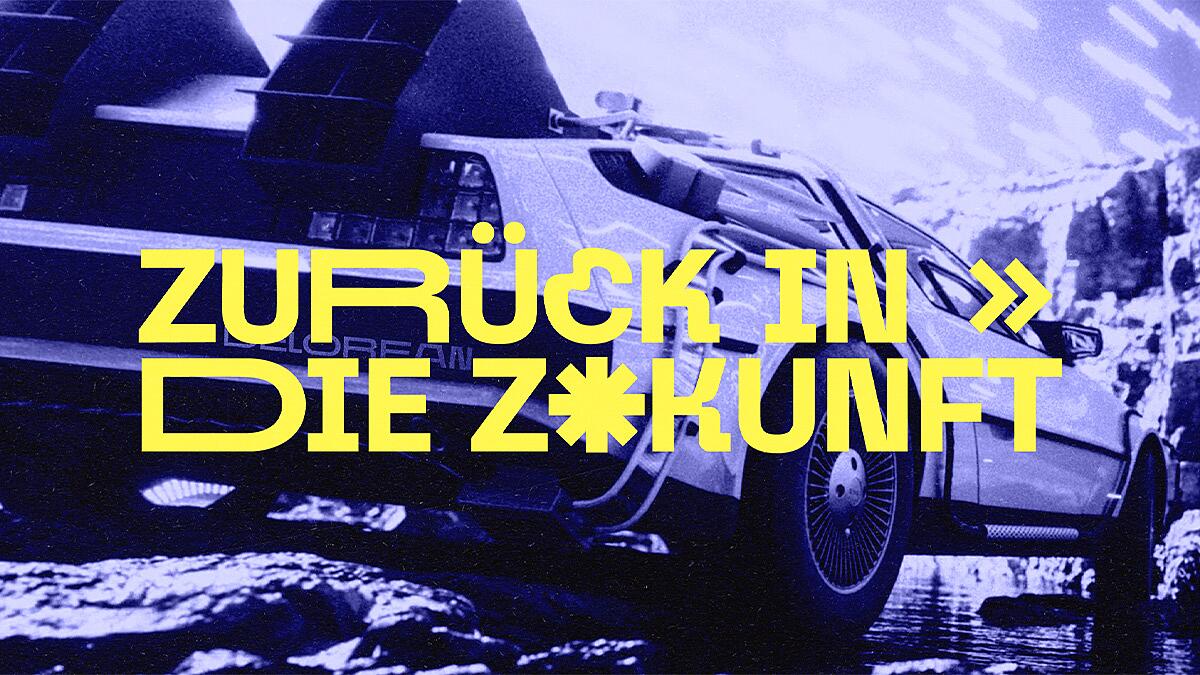 zurück in die zukunft, delorean mit neon-schriftzug