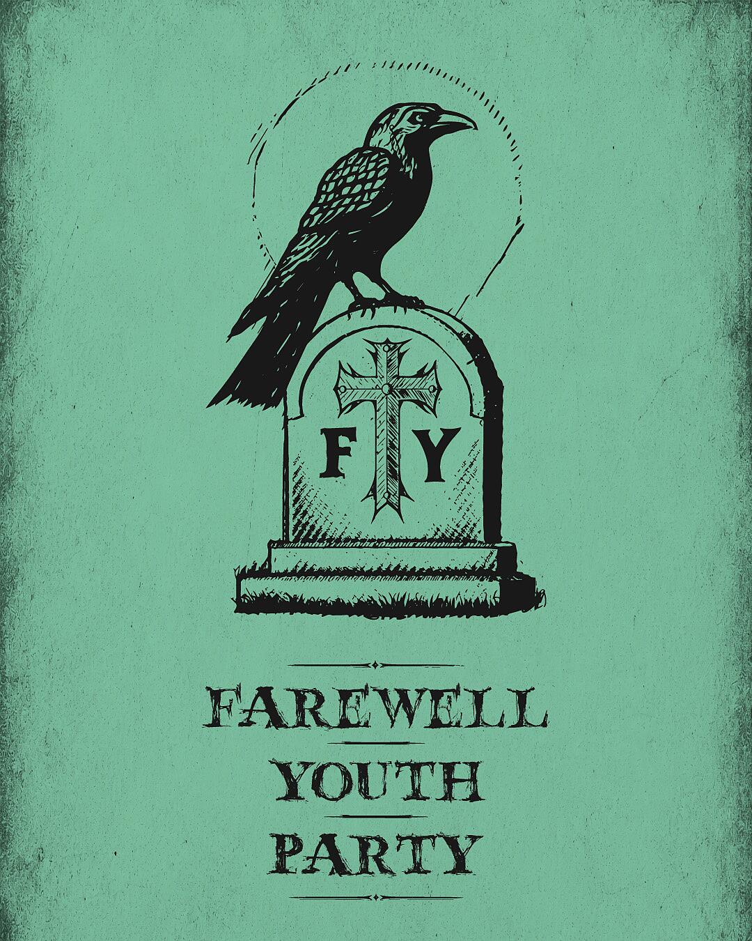 farewell youth party, krähe auf grabstein vor rosa hintergrund