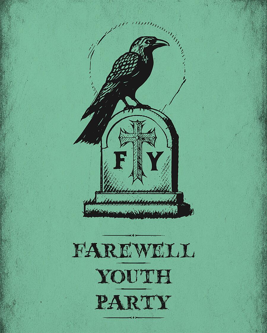 farewell youth party, krähe auf grabstein vor rosa hintergrund
