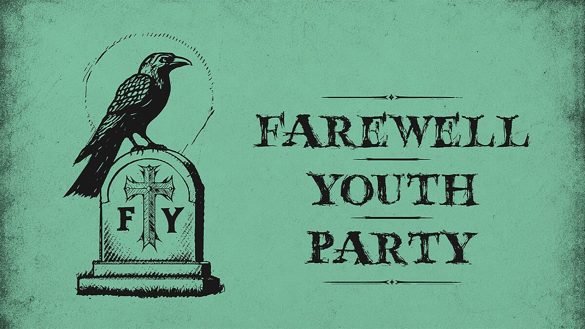 farewell youth party, krähe auf grabstein vor rosa hintergrund