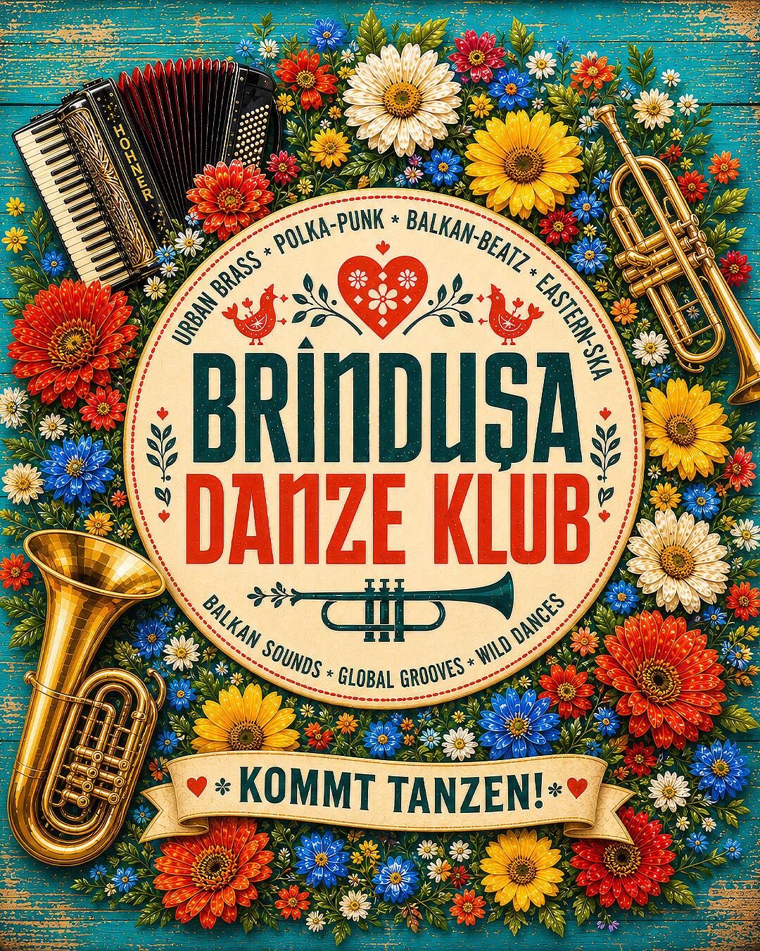 brindusa danze klub, bunte grafik mit blumen und blasinstrumenten