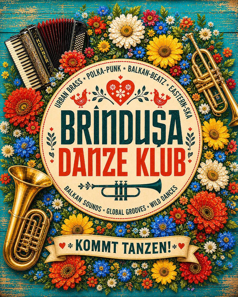 brindusa danze klub, bunte grafik mit blumen und blasinstrumenten