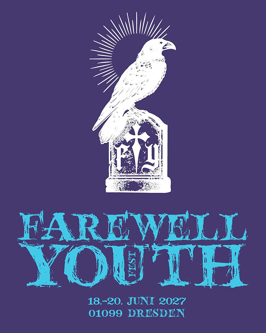 farewell youth fest, krähe auf grabstein mit festival-schriftzug auf lila hintergrund