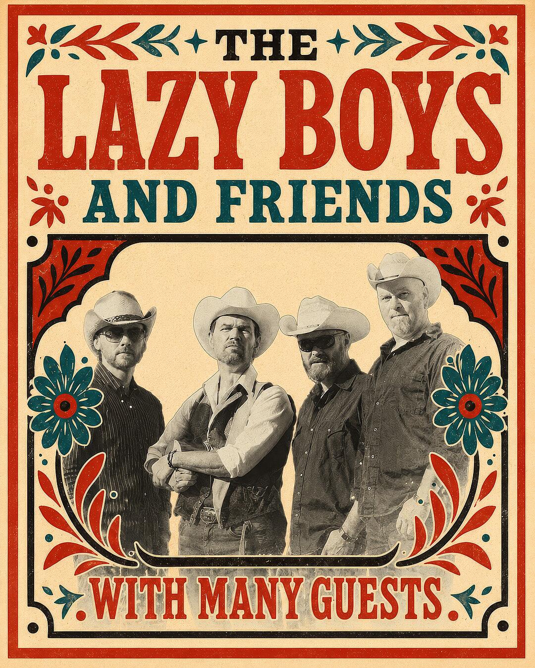 the lazy boys, vierköpfige band im westernstil auf vintage-plakat