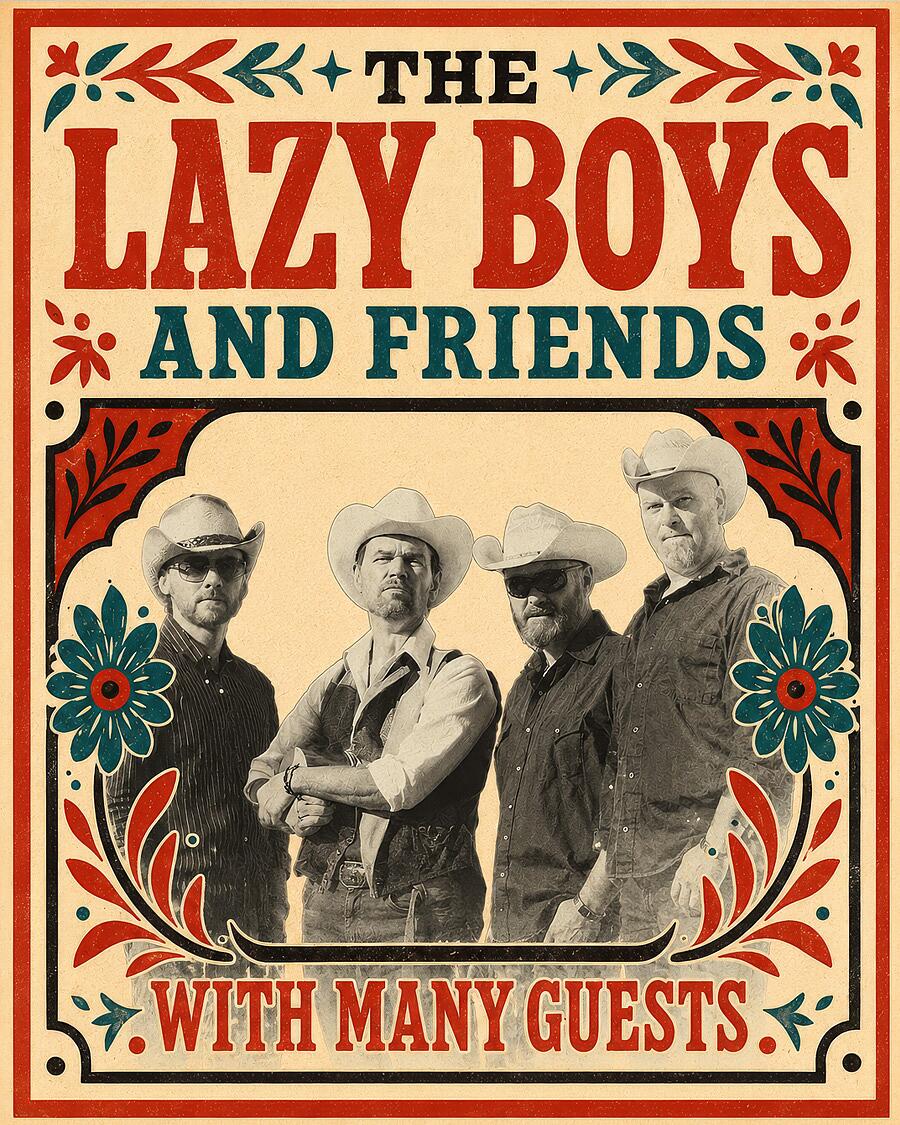 the lazy boys, vierköpfige band im westernstil auf vintage-plakat