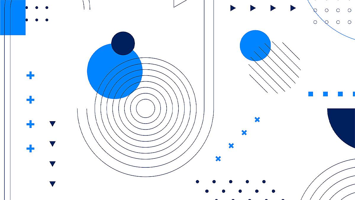 Abstrakte Grafik mit Kreisen, Linien und Punkten in Blau