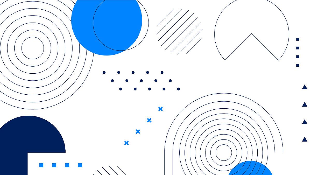 Abstrakte Grafik mit Kreisen, Linien und Punkten in Blau
