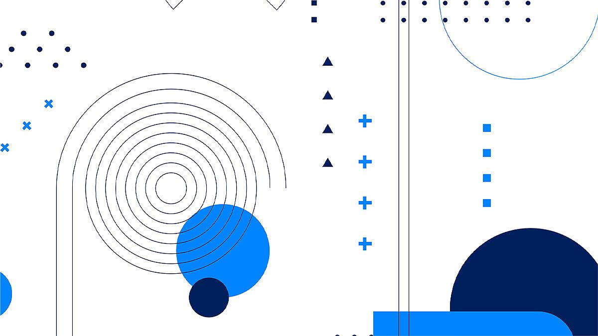 Abstrakte Grafik mit Kreisen, Linien und Punkten in Blau