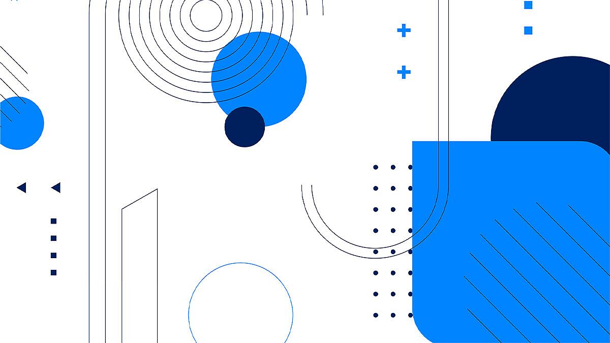 Abstrakte Grafik mit Kreisen, Linien und Punkten in Blau