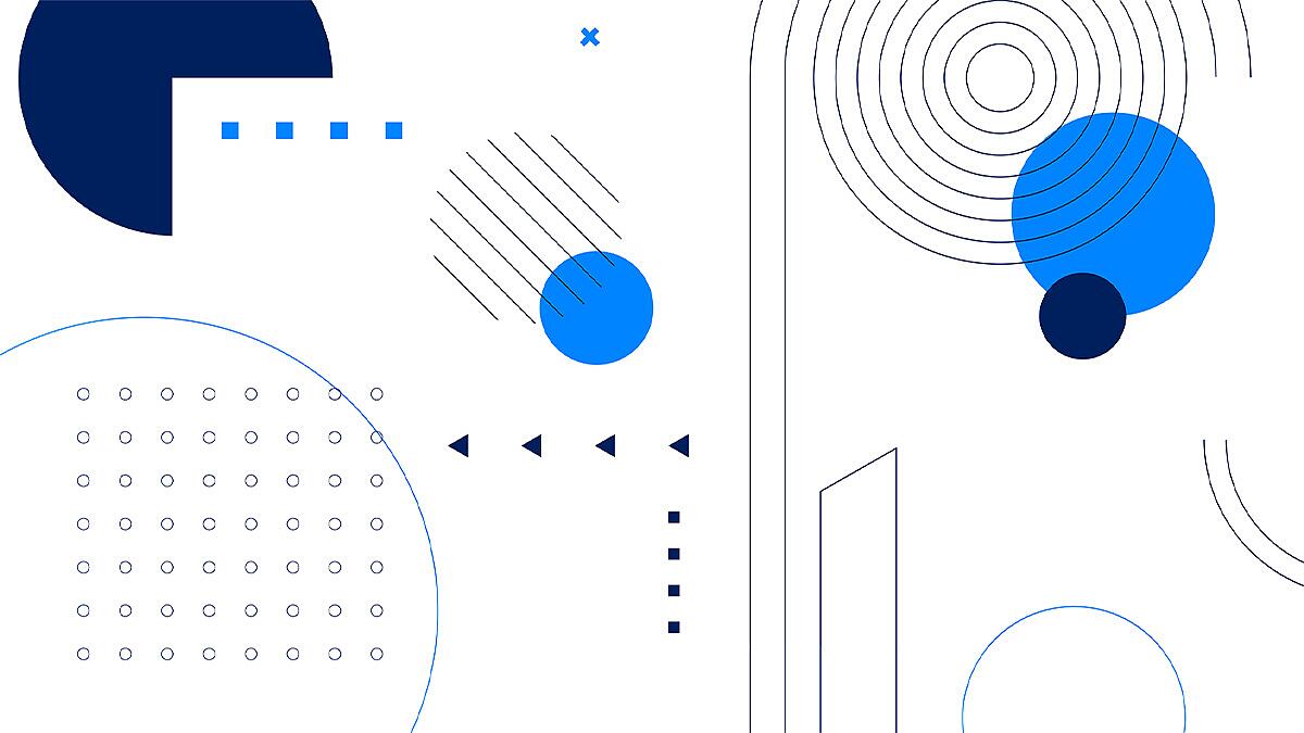 Abstrakte Grafik mit Kreisen, Linien und Punkten in Blau