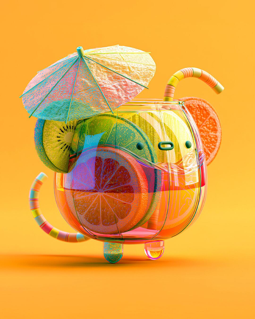 midi, fruchtcocktail mit schirmchen auf orangem hintergrund