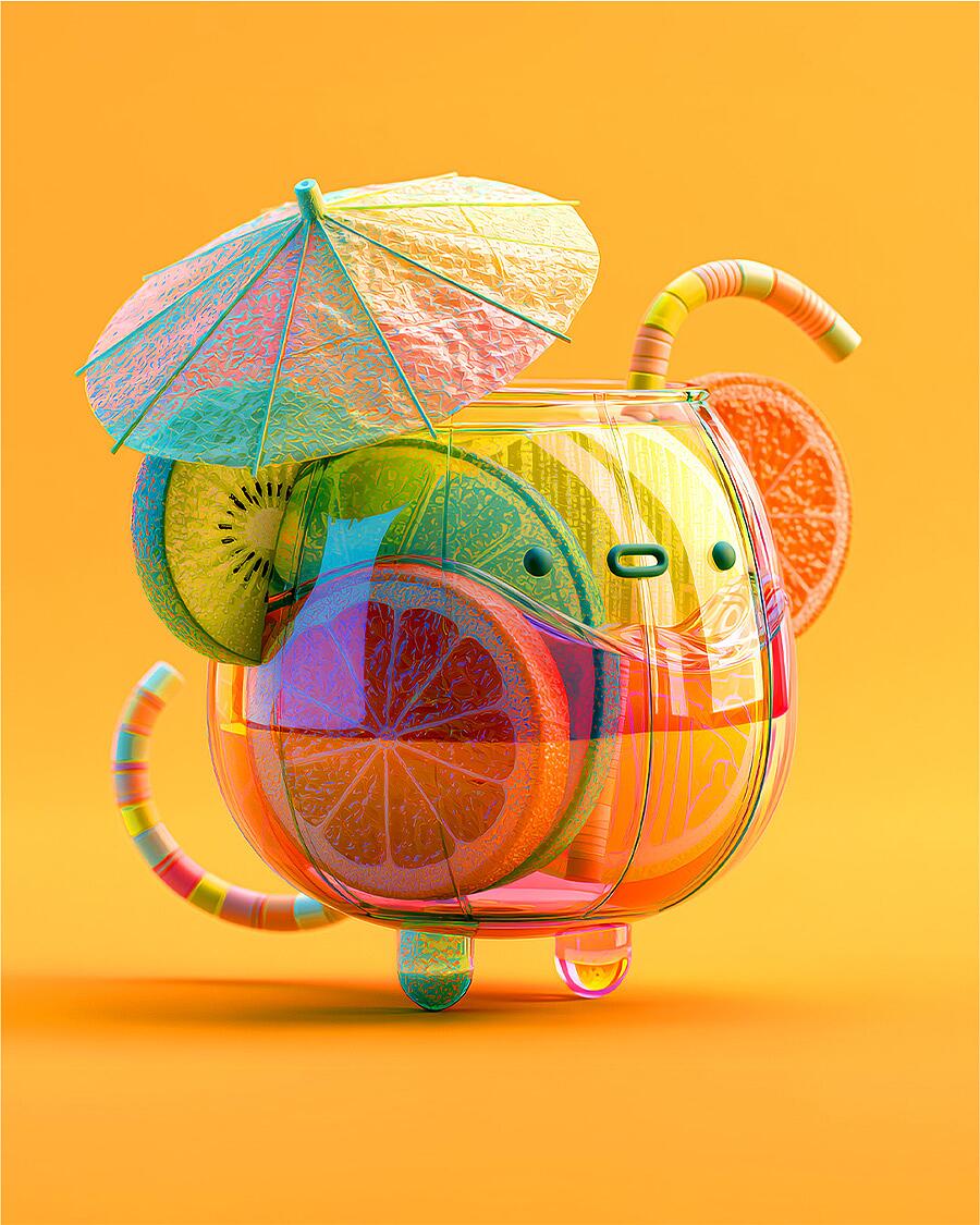 midi, fruchtcocktail mit schirmchen auf orangem hintergrund