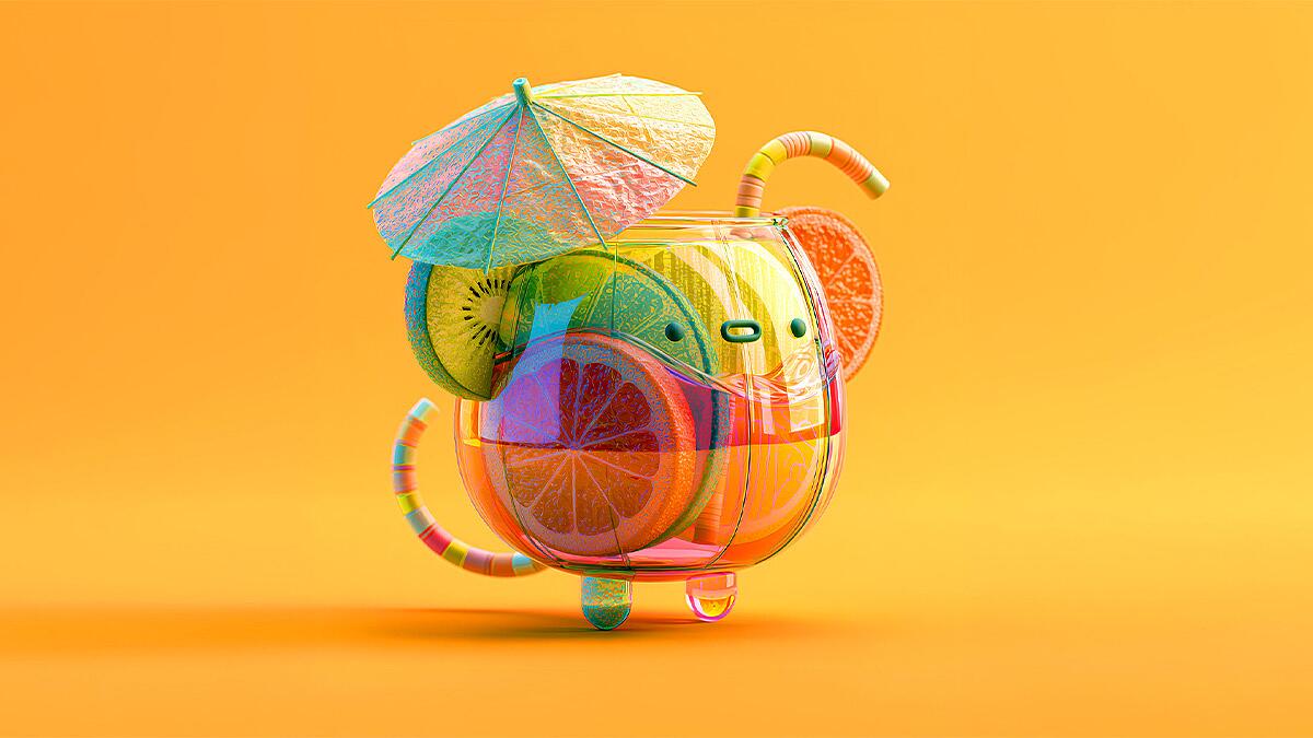 midi, fruchtcocktail mit schirmchen auf orangem hintergrund