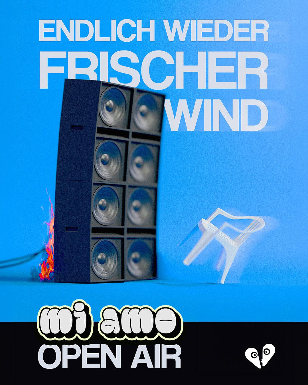 mi amo open air, lautsprecherbox vor blauem hintergrund mit schriftzug