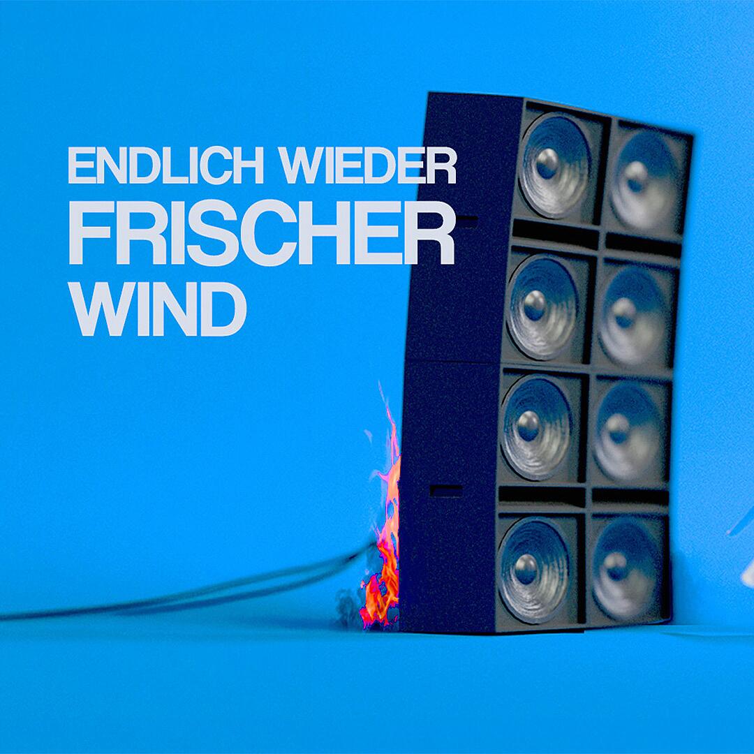 mi amo open air, lautsprecherbox vor blauem hintergrund mit schriftzug