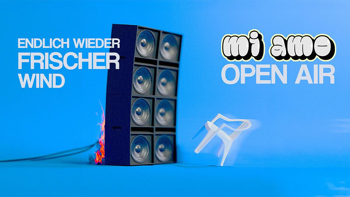 mi amo open air, lautsprecherbox vor blauem hintergrund mit schriftzug