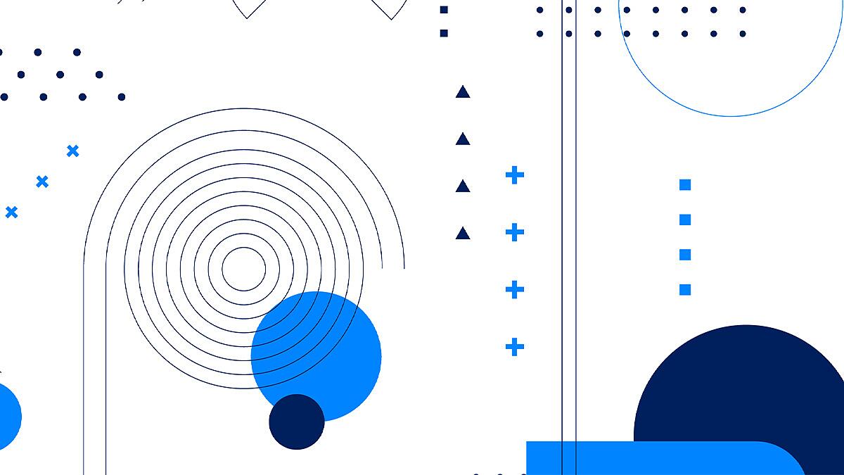 Abstrakte Grafik mit Kreisen, Linien und Punkten in Blau