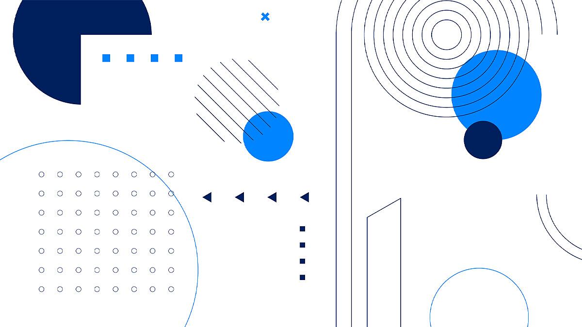 Abstrakte Grafik mit Kreisen, Linien und Punkten in Blau