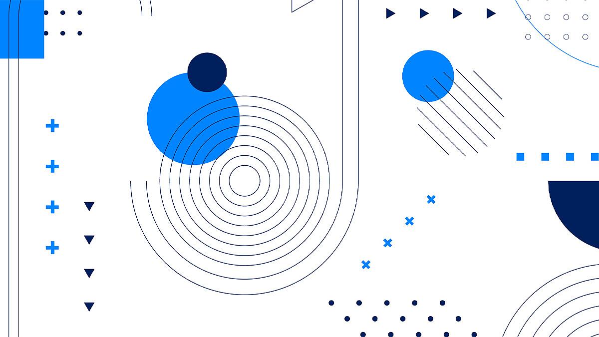 Abstrakte Grafik mit Kreisen, Linien und Punkten in Blau