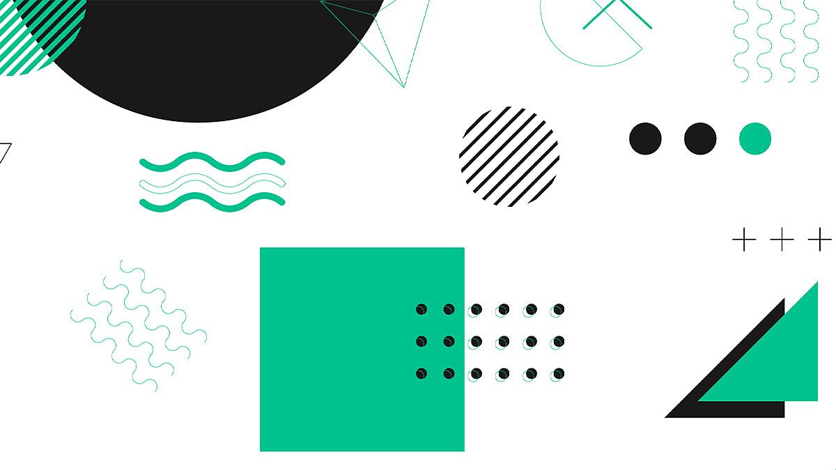 Abstrakte geometrische Formen in Schwarz, Weiß und Türkis auf weißem Hintergrund.