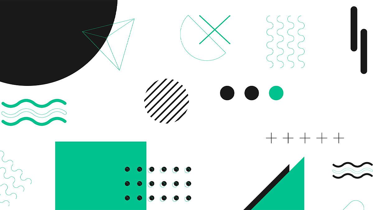 Abstrakte geometrische Formen in Schwarz, Weiß und Türkis auf weißem Hintergrund.